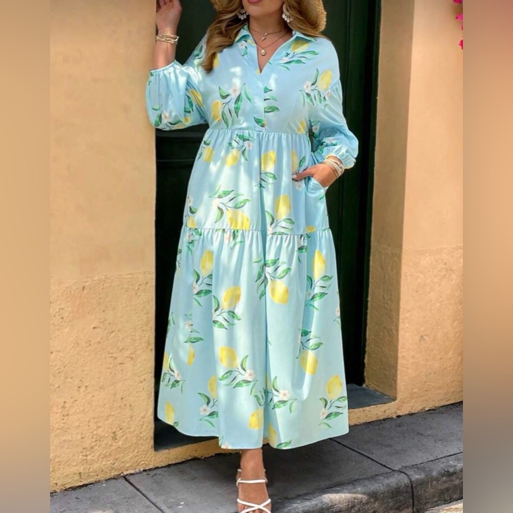 SHEIN Blue Lemon Print Long Sleeve Dress